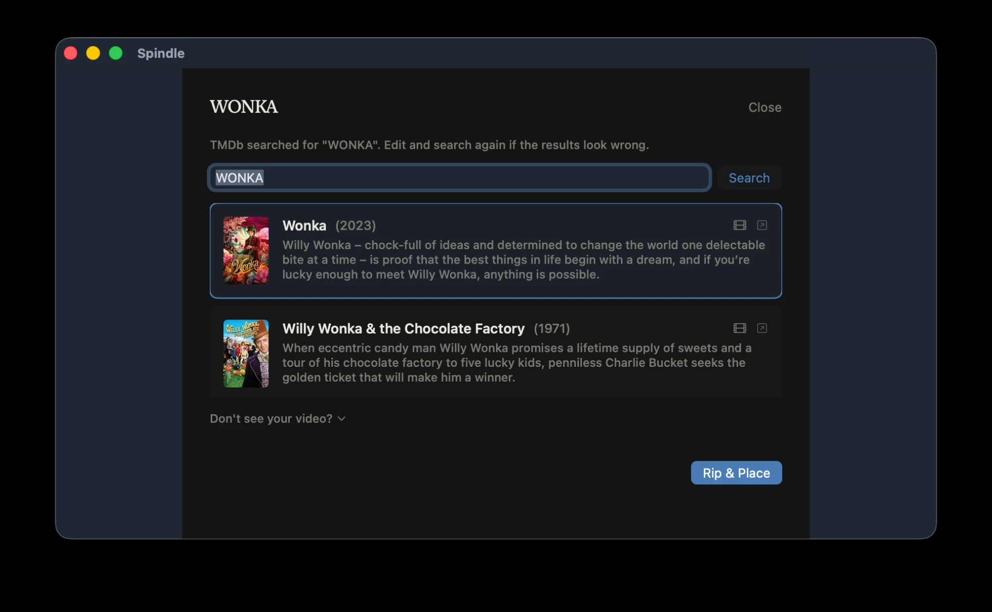 Spindle review picker showing Wonka (2023) and Willy Wonka & the Chocolate Factory (1971)