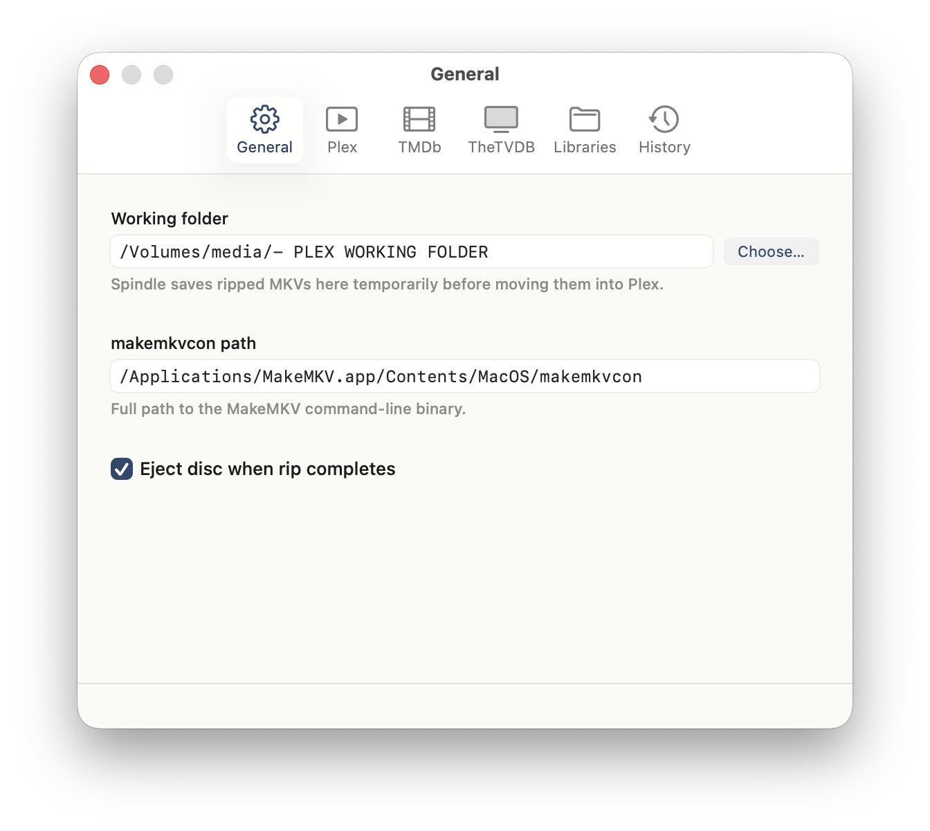General settings with working folder and MakeMKV path