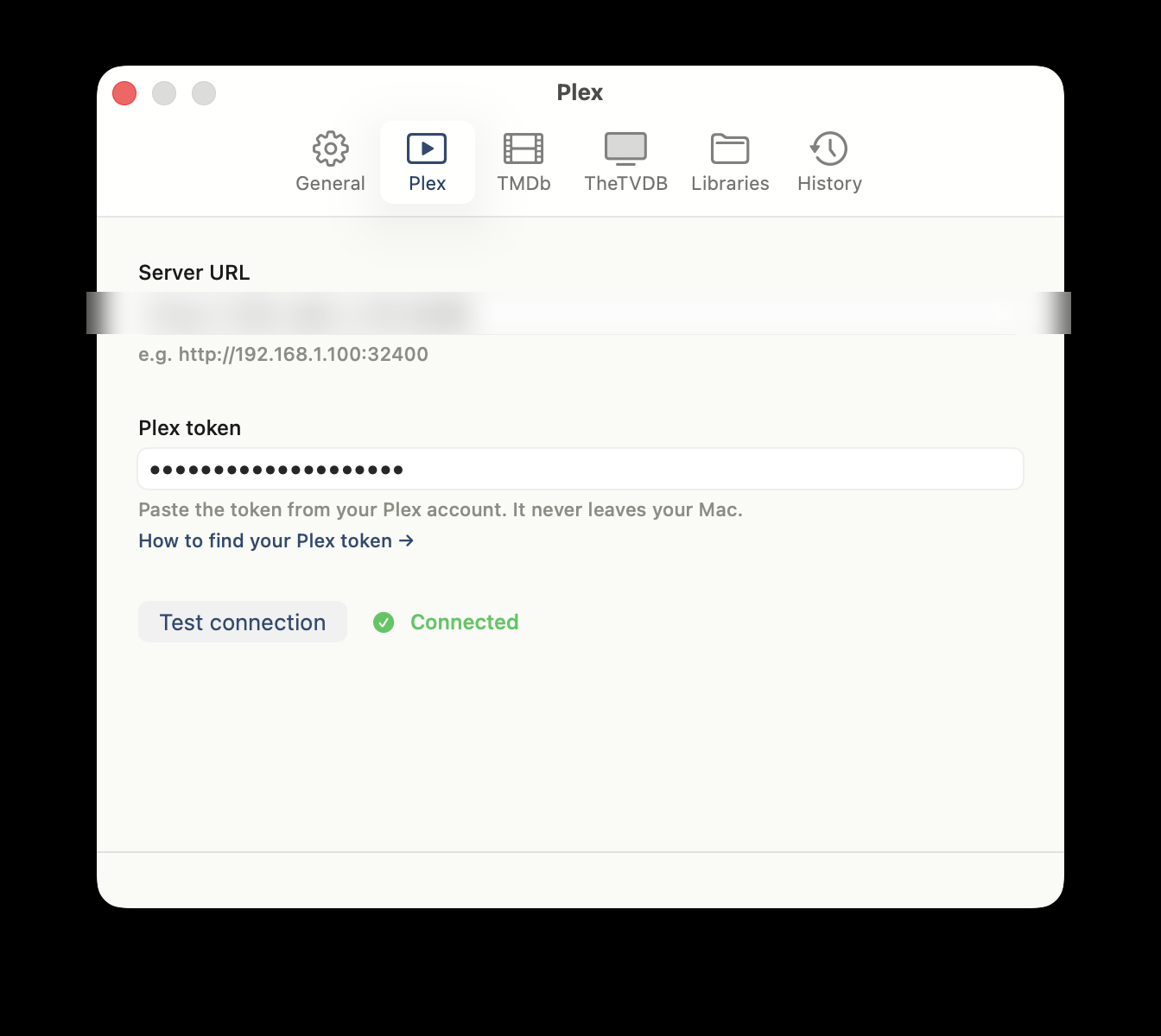 Plex settings showing Connected status